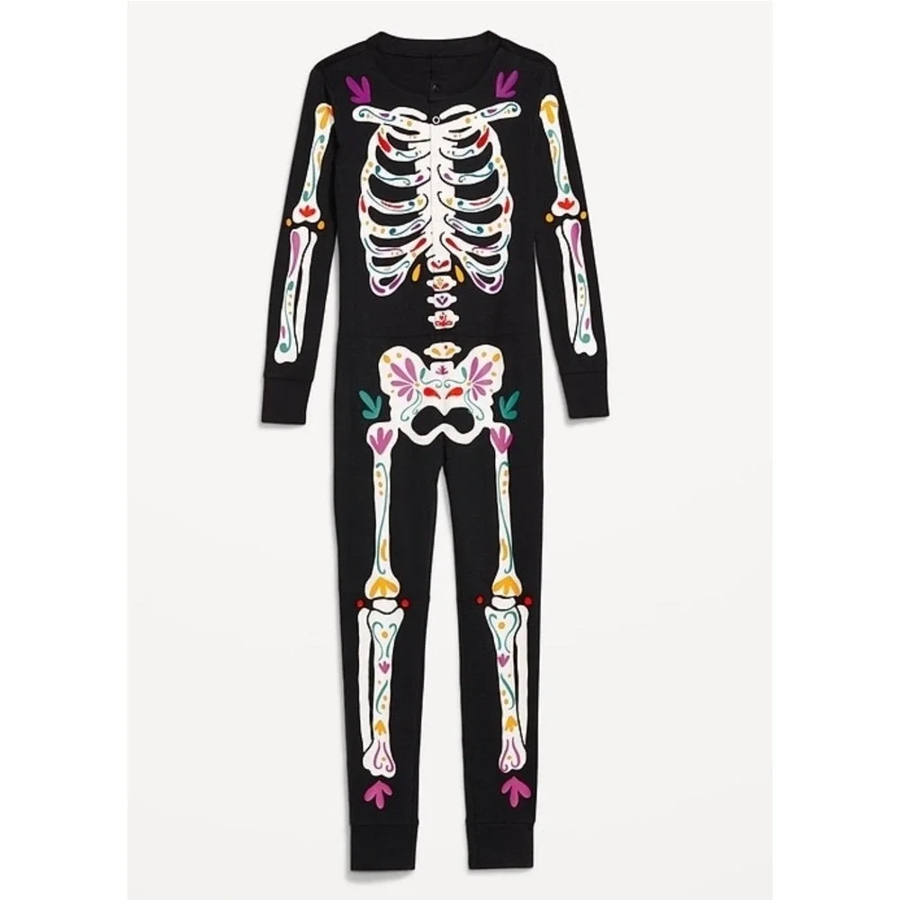 SKELETON Pajamas With Decorative Colors Patterns Unisex LARGE YOUTH 1-Piece